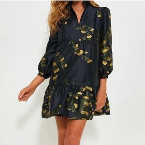 Tuckernuck Navy Jasmin Vine Jacquard, Palmerston Dress, Long Sleeve, Worn Once